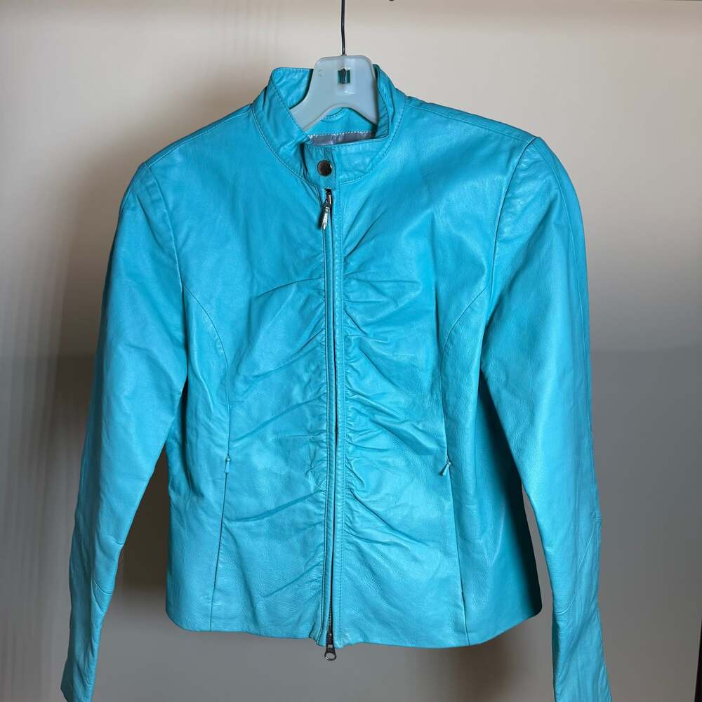 Wilsons Leather Maxima Turquoise Ruched Zip-Up Moto Jacket